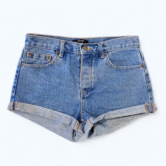 Forever 21 Medium Wash High Waisted Cuffed Denim Jean Shorts - Picture 1 of 9